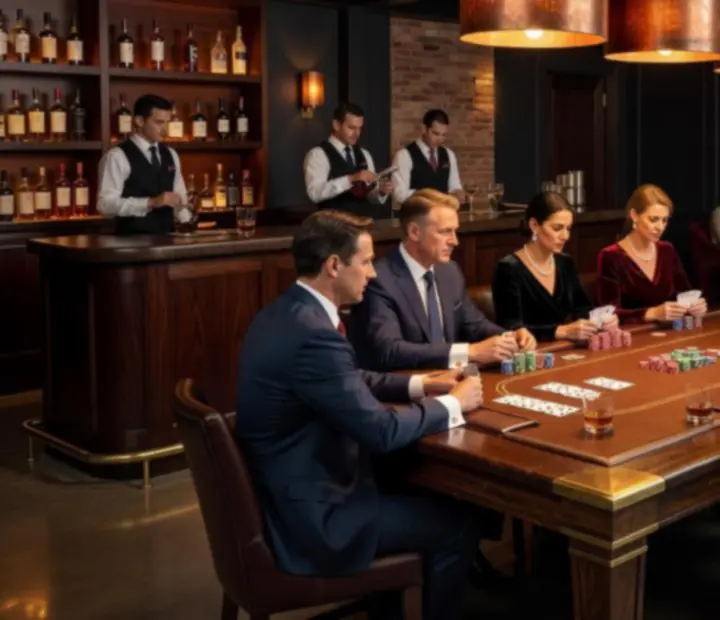 Teams gathered around a poker table in The River Card Room