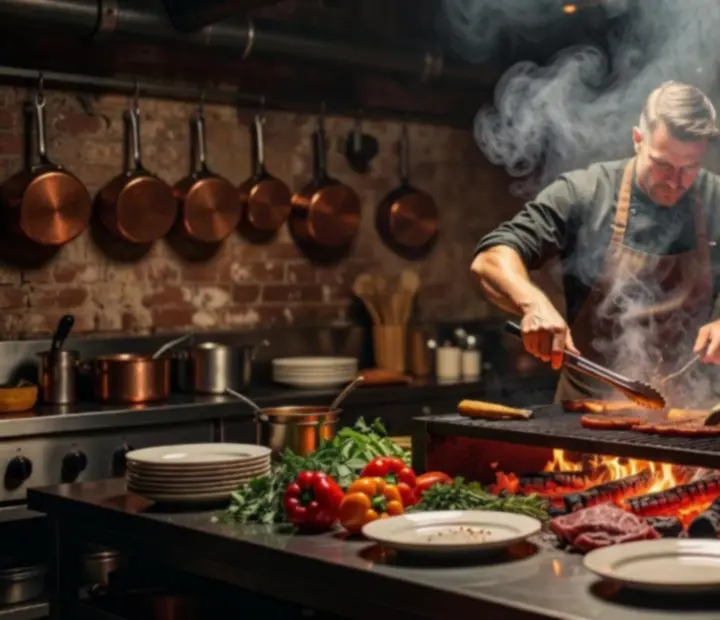 Grillmaster tending to open flames at the River & Roast wood grill