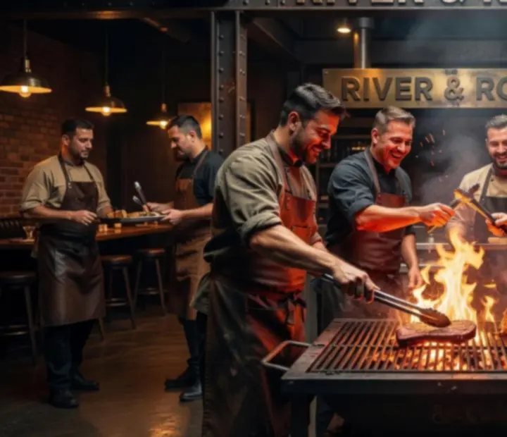 River & Roast chef team tending woodfire grill in an industrial brasserie kitchen