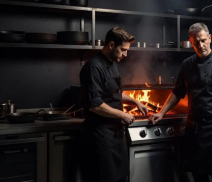 River & Roast head chef and grillmasters plating dishes on the pass in a dark industrial riverside kitchen