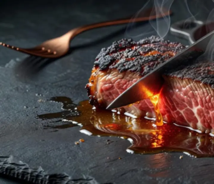 Close-up of fire-roasted wagyu steak resting on a wood board with charred edges