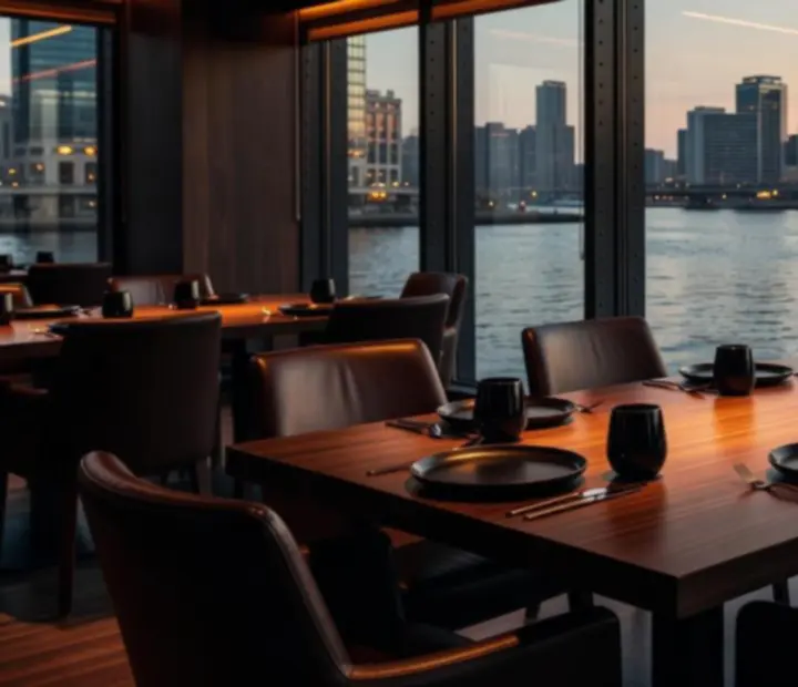 Corporate dining table setup overlooking the river at River and Roast