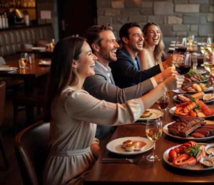Group of diners enjoying fire-grilled dishes and wine at River & Roast