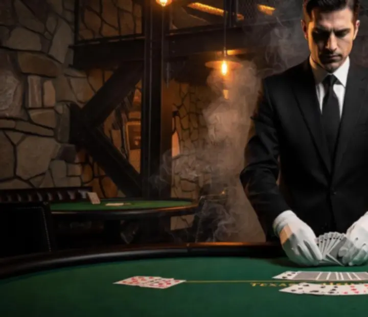 Dealer staff preparing a poker table