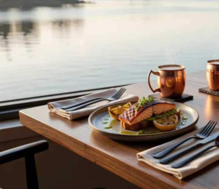 Riverside brunch table at River & Roast with woodfired dishes and drinks