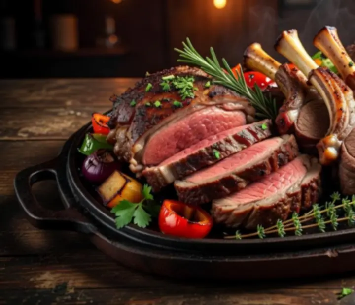 Grand carvery platter with roasted meats sliced over a dark board at River & Roast