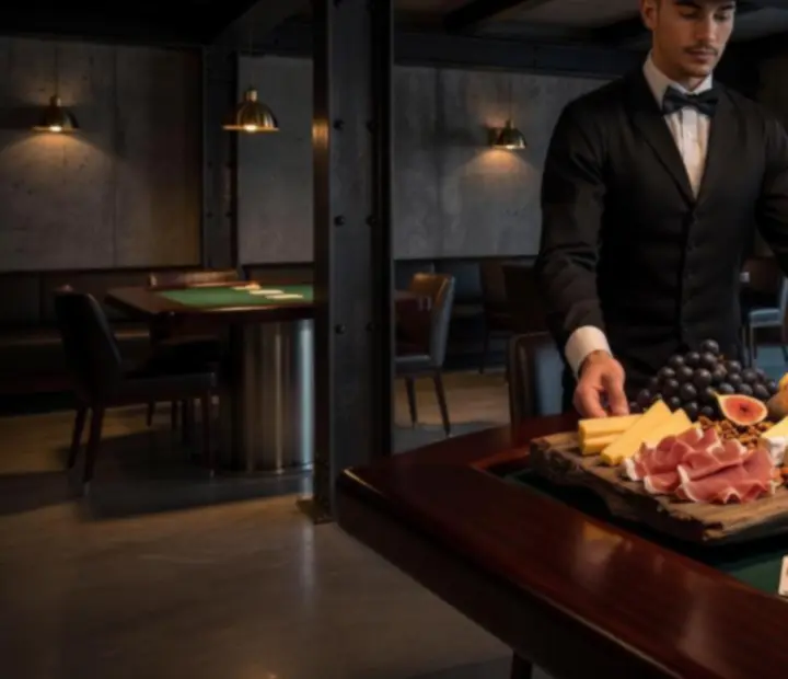Charcuterie and roast plates being served beside poker chips and cards
