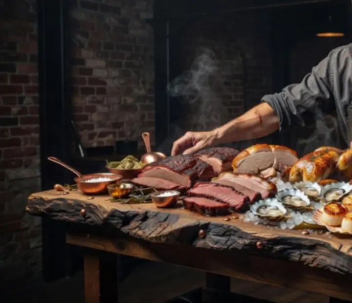 Signature woodfired meats and seafood plated for a corporate event
