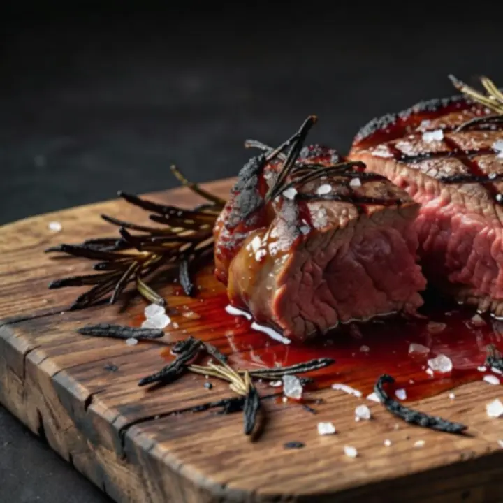 Close-up of a woodfired steak resting on charred timber at River & Roast